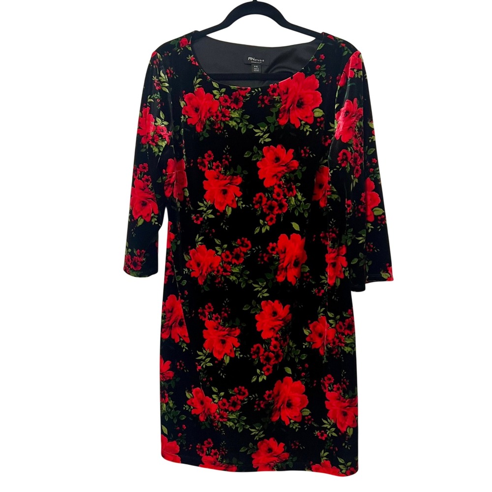 RN Studio Ronni Nicole Black Red Floral Velvet Sheath Dress PXL Gothic Festive